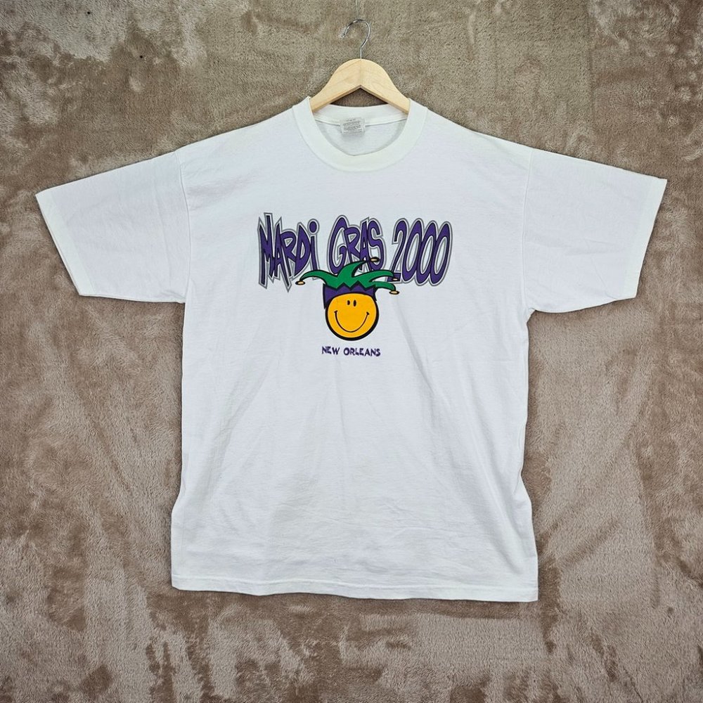 Jerzees Mardi Gras 2000 New Orleans T-Shirt Men's Size L White Graphic Print
